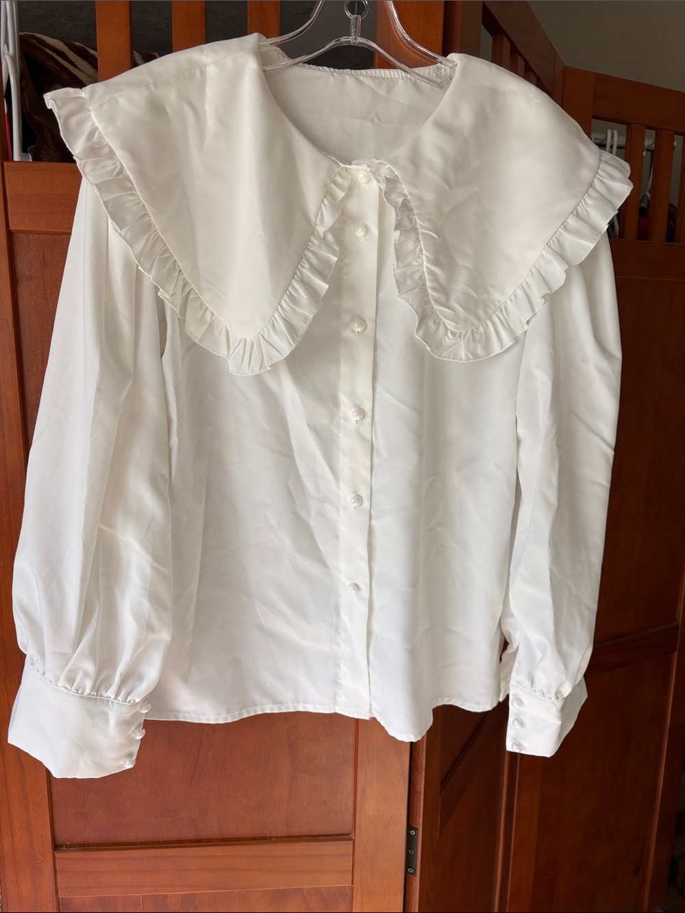 White Ruffled Collar Button-Front Blouse